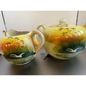 Antiq. Takito Japan 1921-1948 Hand Painted Swan Lake Tree Meadow Sugar & Creamer